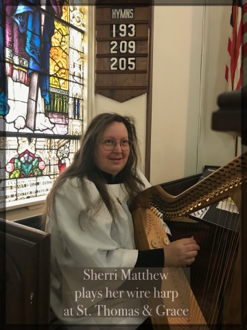Sherri plays the harp at ST&G - small with caption