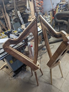The harp I play each Sunday in the workshop of Argent Fox Harps, Kirkwood, IL.  The harp on the right is for another customer. 