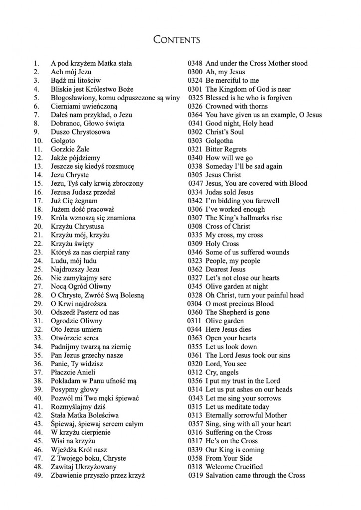 Polish hymns table of contents and translation