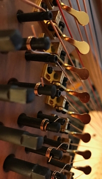 New CPB strings wound on tuning pins. Note they do not cross over but lie parallel on the pins.